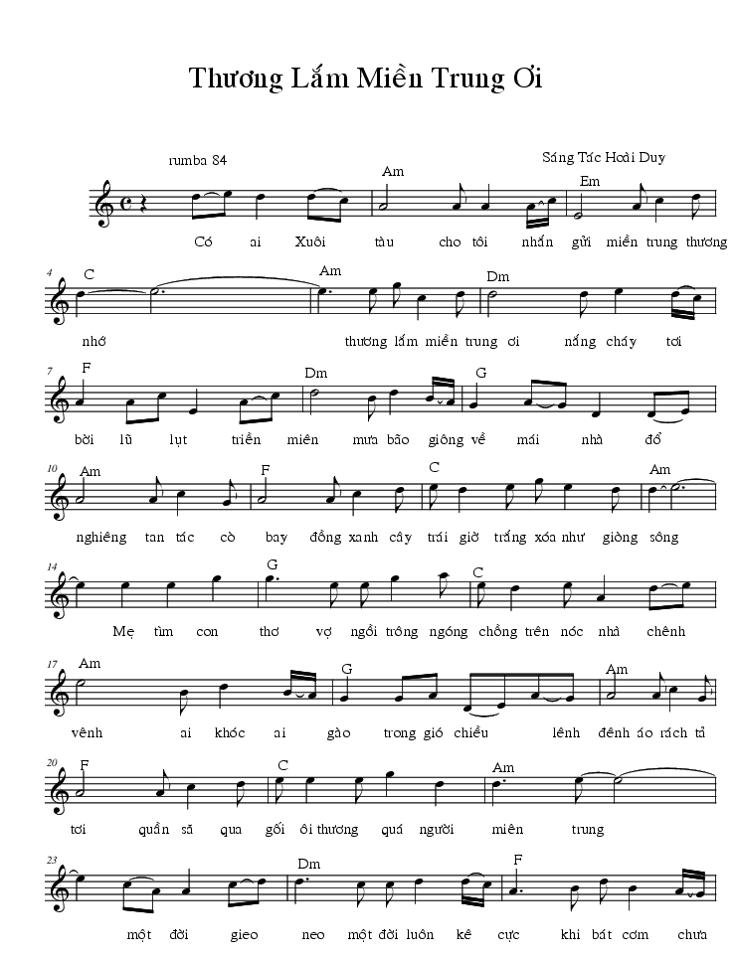 Sheet nhạc Thương Lắm Miền Trung Ơi